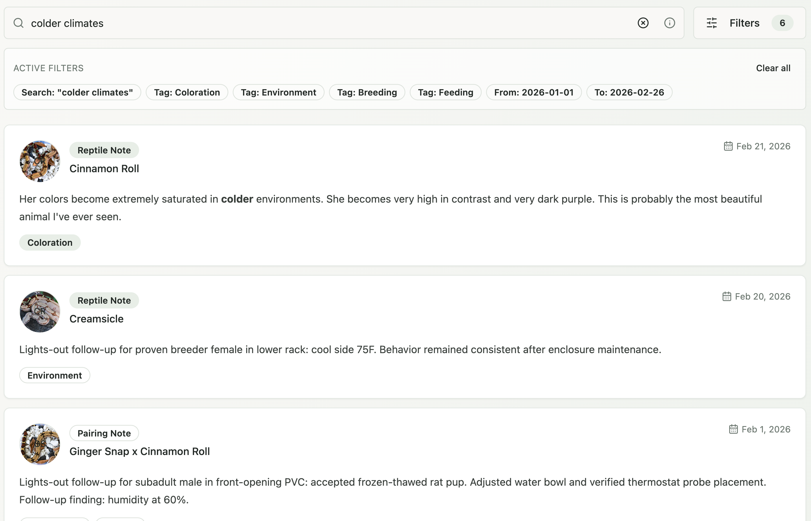 Contextual Search for Reptile Husbandry Notes Reptile Tracker notes review interface showing contextual search results for reptile husbandry and breeding behaviors
