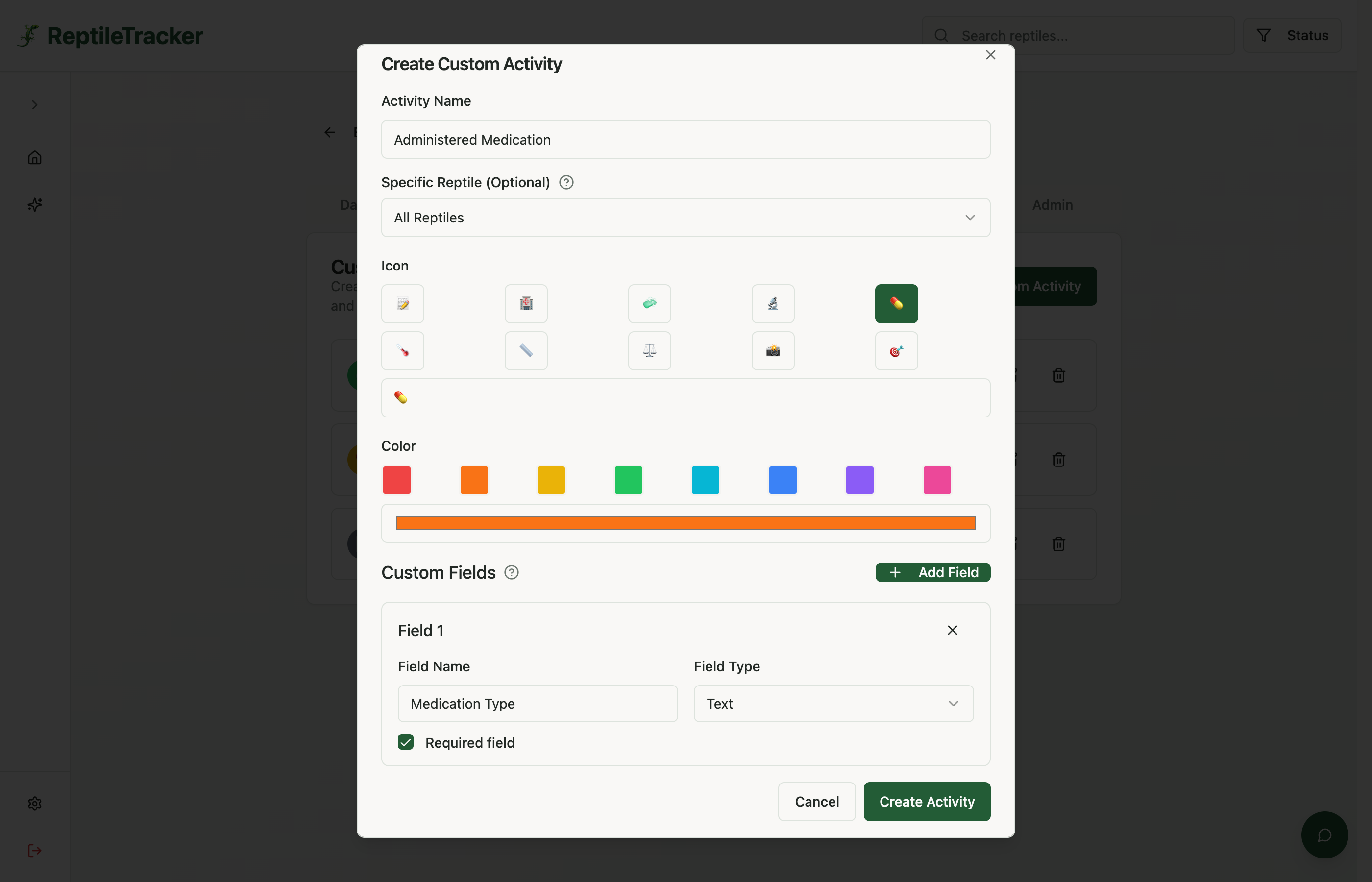 Reptile Tracker custom activity builder showing how to log specific medical treatments and data fields
