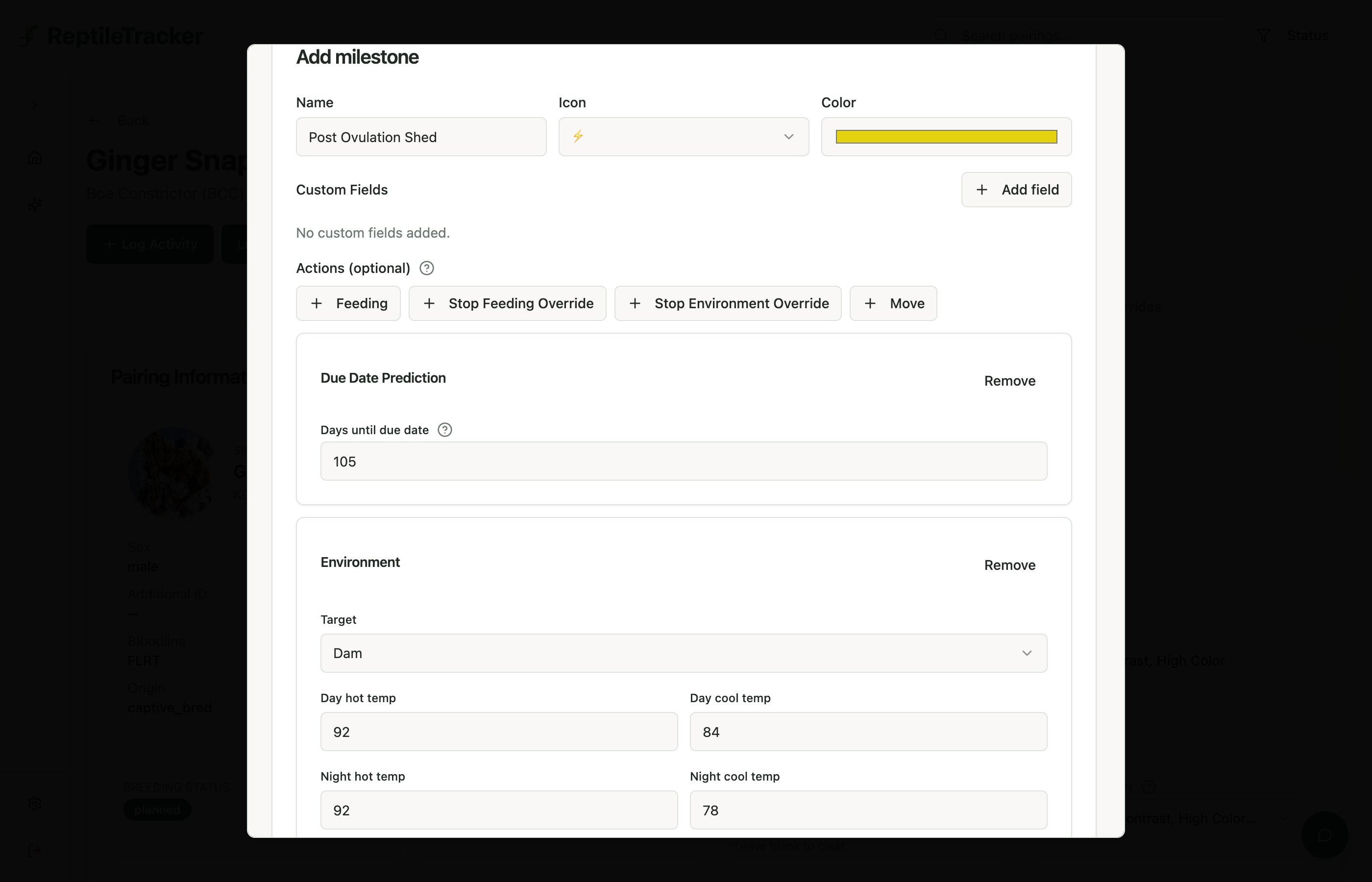 Milestone creation modal showing automated due date predictions and environmental changes