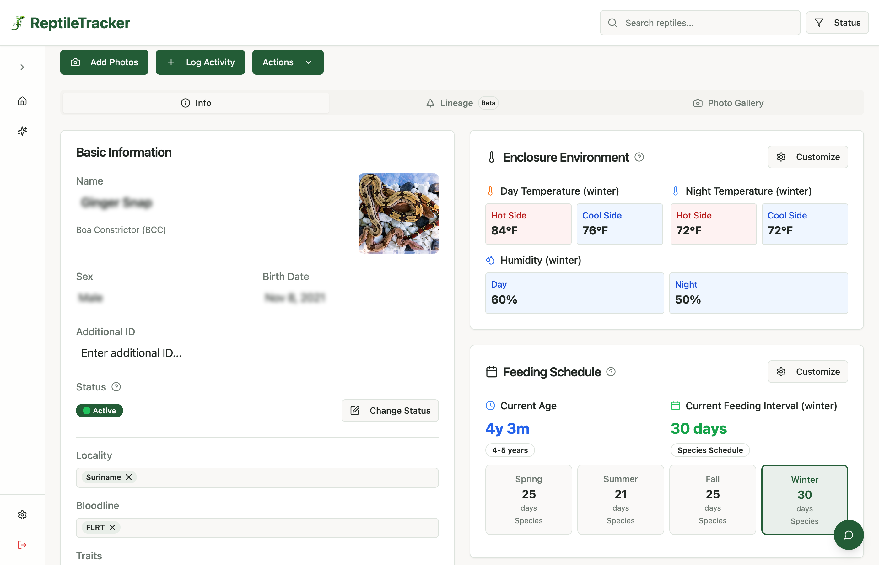 Individual Reptile Profile showing environmental settings